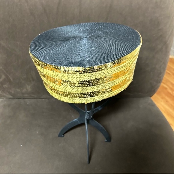 Vintage Round Hat with gold sequins oblong tall ethnic shiney main image 5